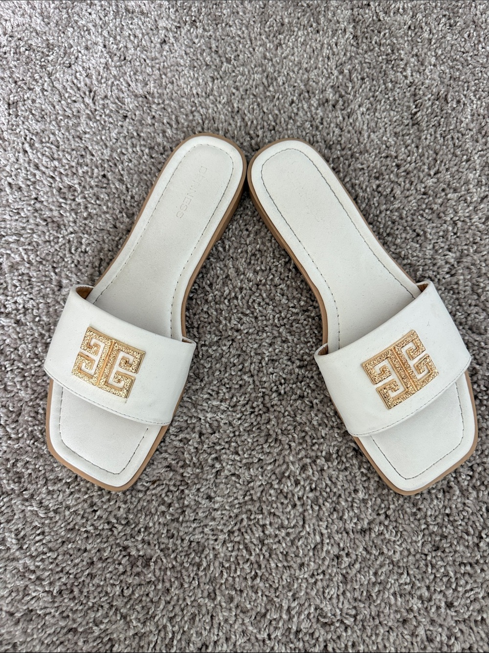 White Slide Sandals with Gold Emblem